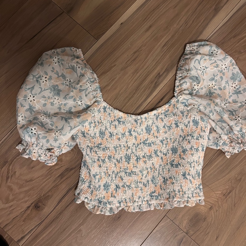 Fate Cream and Blue Floral Smocked Blouse